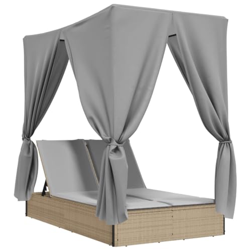 Emmtore Sonnenliege, Doppelliege mit Dach Vorhängen, Gartenliege Verstellbare Rückenlehne, Relaxliege Liege Gartenmöbel,Poly Rattan Sonnenliege,Beige und Grau von Emmtore