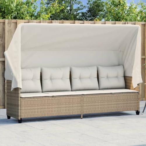 Emmtore Sonnenliege mit Dach und Kissen Beige Poly Rattan mit Vordach Beige und Creme von Emmtore