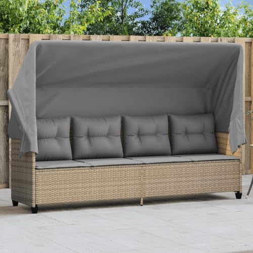 Emmtore Sonnenliege mit Dach und Kissen Beige Poly Rattan mit Vordach Beige und Grau von Emmtore