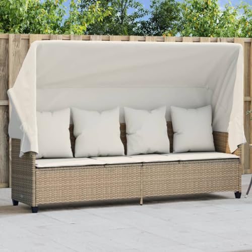 Emmtore Sonnenliege mit Dach und Kissen Beige Poly Rattan von Emmtore