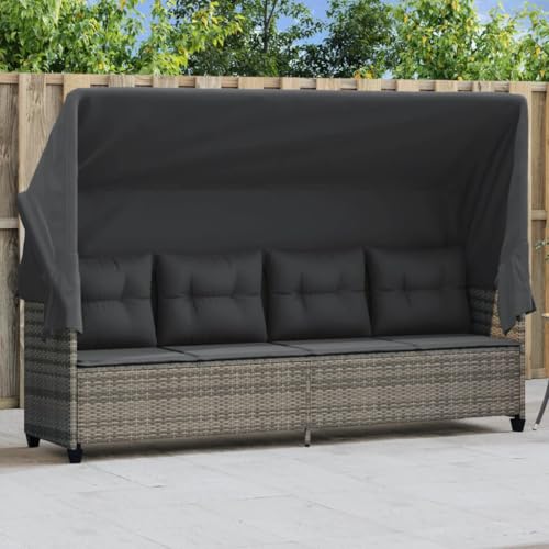 Emmtore Sonnenliege mit Dach und Kissen Grau Poly Rattan mit Vordach von Emmtore
