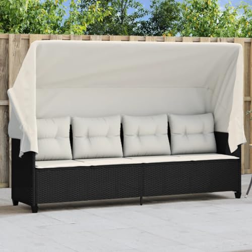 Emmtore Sonnenliege mit Dach und Kissen Schwarz Poly Rattan mit Vordach von Emmtore