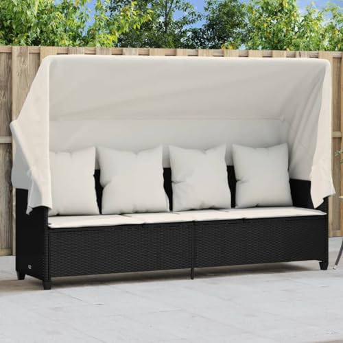Emmtore Sonnenliege mit Dach und Kissen Schwarz Poly Rattan von Emmtore