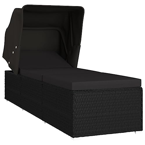 Emmtore Sonnenliege mit Sonnenschutz Auflagen Gartenliege Strandliege Relaxliege Saunaliege Gartenmöbel Liege Liegestuhl Poly Rattan,Schwarz von Emmtore