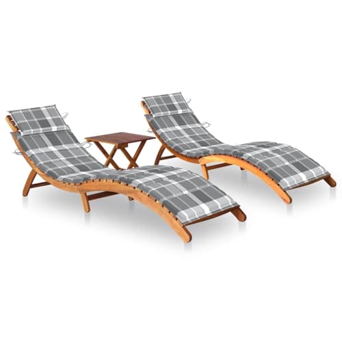 Emmtore Sonnenliegen 2 STK. mit Tisch und Auflagen Massivholz Akazie Akazienholz Massiv Klappbar Gartenliege Liegestuhl Holzliege Gartenmöbel Liege Relaxliege Freizeitliege Strandliege von Emmtore