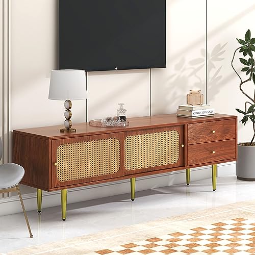 Emmtore Stilvoller TV-Ständer mit Rattan-Schiebetüren und praktischen Schubladen, Nussbaum mit dunklem Kunststoff-Rattan,160 * 40 * 60cm von Emmtore