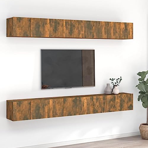 Emmtore TV Schrank Set 6-TLG. Wohnwand Anbauwand Schrankwand Hängeschrank TV Möbel Lowboard Wandschrank Fernsehschrank HiFi-Schrank Holzwerkstoff Räuchereiche,60 cm von Emmtore