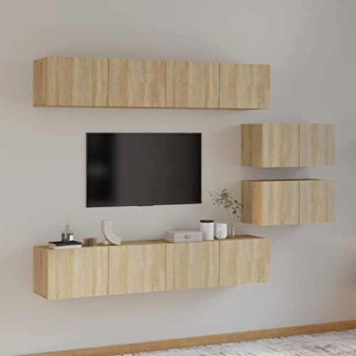 Emmtore TV Schrank Set 6-TLG. Wohnwand Schrankwand Anbauwand Hängeschrank Lowboard TV Möbel Wandschrank Fernsehschrank HiFi-Schrank Holzwerkstoff Sonoma Eiche,80 cm von Emmtore