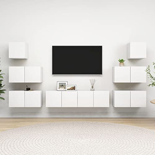 Emmtore TV Schrank Set 7-TLG. Wohnwand Schrankwand Anbauwand Wandschrank Hängeschrank TV Möbel Fernsehschrank Lowboard HiFi-Schrank Holzwerkstoff Weiß,60 cm von Emmtore