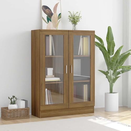 Emmtore Vitrinenschrank Bücherschrank Aktenschrank Büroschrank Vitrine Schrank Bücherregal Standvitrine Braun Eiche-Optik 82,5x30,5x115cm Holzwerkstoff von Emmtore