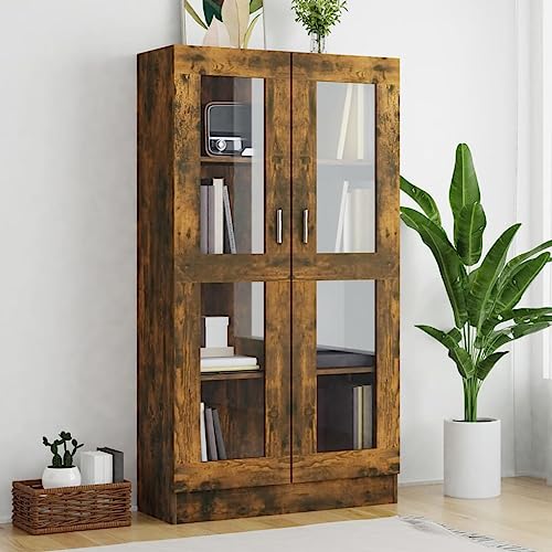 Emmtore Vitrinenschrank Bücherschrank Aktenschrank Büroschrank Vitrine Schrank Bücherregal Standvitrine Räuchereiche 82,5x30,5x150 cm Holzwerkstoff von Emmtore