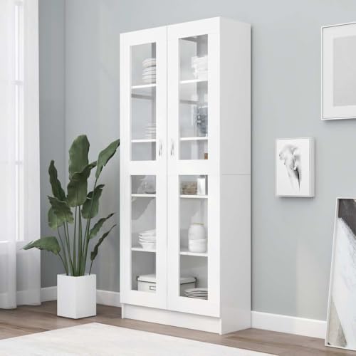 Emmtore Vitrinenschrank Bücherschrank Aktenschrank Büroschrank Vitrine Schrank Bücherregal Standvitrine Weiß 82,5x30,5x185,5 cm Holzwerkstoff von Emmtore
