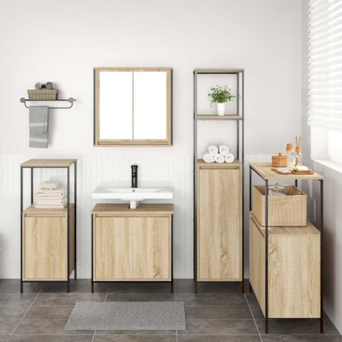 EmmtoreModernes Badezimmermöbelset, Holz Sonoma Eiche,Waschbeckenunterschrank + Wandschrank + 3X Badezimmerschrank von Emmtore