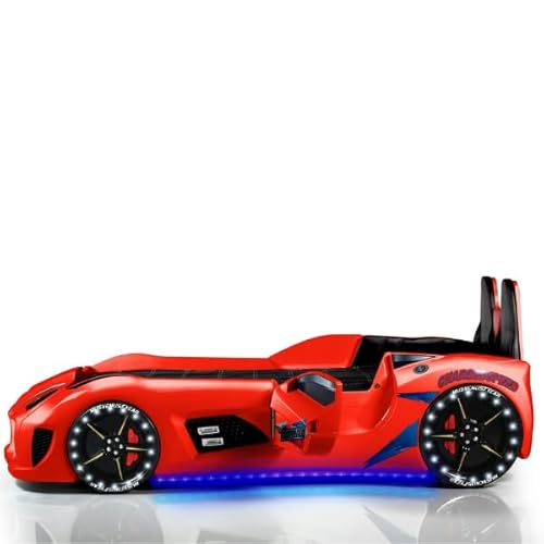 Woody Fashion Autobett | 100 % Melamin | Fernbedienung | LED-Scheinwerfer | Blau Unterleuchten | Mehrfarbig von Emob