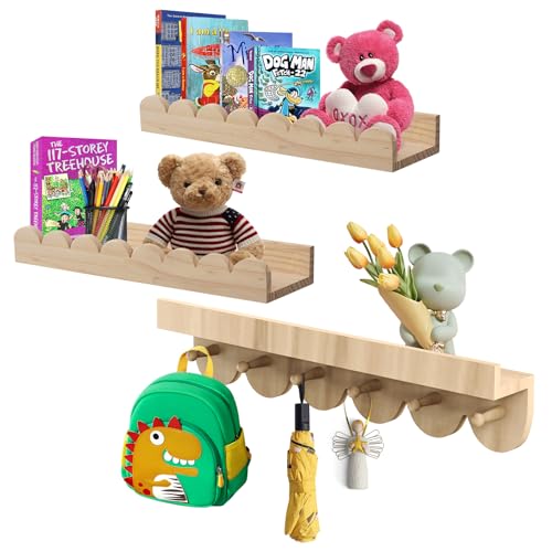 Emooncn Bücherregal aus Holz mit runden Haken, 41,9 cm, 3 Stück, Babyregale, schwebendes Regal, Bücherregal, Spielzeug, Aufbewahrung, Organizer, Wand-Bücherregal für Kinderzimmer, Wohnzimmer, einfach von Emooncn