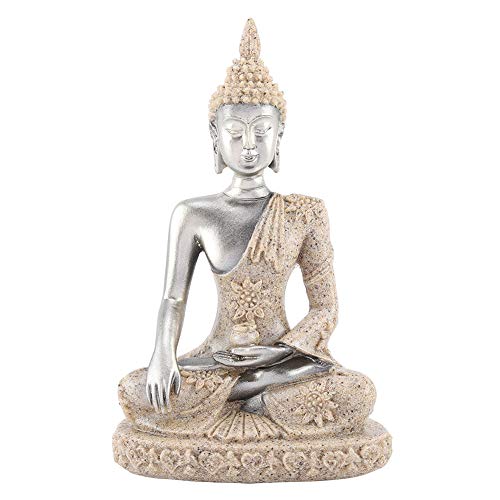 Emoshayoga Buddha-Figur – Meditative Sitzende Buddha-Skulptur aus Sandstein, Ornament Für Heimdekoration, Kontemplative Sitzende Buddha-Statue(Silber) von Emoshayoga