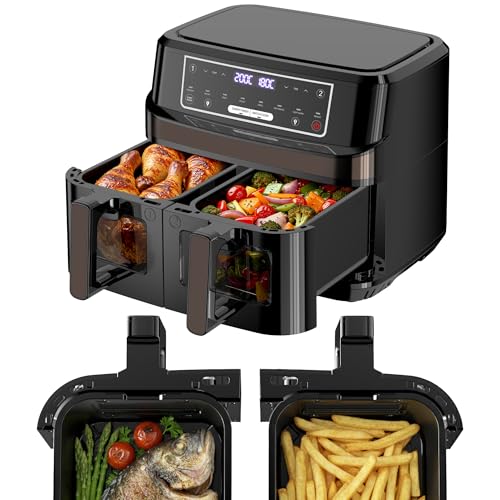 10L Heißluftfritteuse mit Sichtfenster | Airfryer XXL Zweizonen Temperatur Separat Regeln, Heissluftfritteuse 2600W Eingebaute Beleuchtung, 8-in-1 Heißluftfritteuse 2 Kammern Touch-Steuerung Bis 200℃ von Emphsism