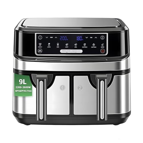 Heißluftfritteuse 2 Kammern 9L mit Touchscreen – Airfryer mit 2 unabhängigen Zonen | 8 Programme | XXL Öl- & fettarme Zubereitung | BPA- & PFAS-frei von Emphsism