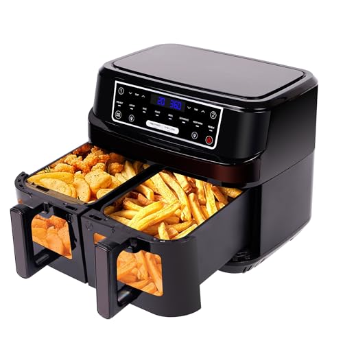 Heißluftfritteuse 2 Kammern | 10L Airfryer XXL mit Visualisiertes Fenster, 8 in 1 Dual Zone Blaze Air Fryer mit 2*5L Schubladen Touchscreen, Heissluftfritteuse Doppelkammer Fettarmes Weniger Öl Kochen von Emphsism