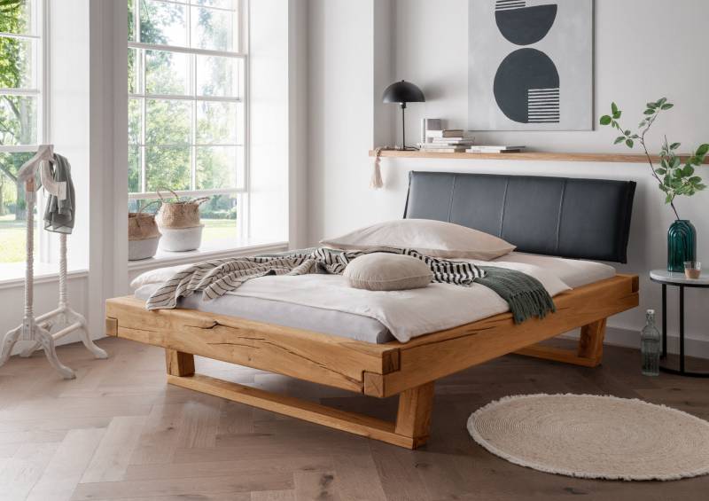 Balkenbett »Lund« Wildeiche Echtleder 200 x 200 cm Holzkufen von Empinio24