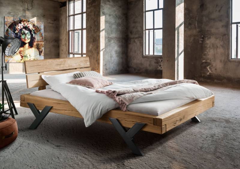 Balkenbett »Lund« Wildeiche massiv 200 x 200 cm Lederkopfteil Holzfüße von Empinio24
