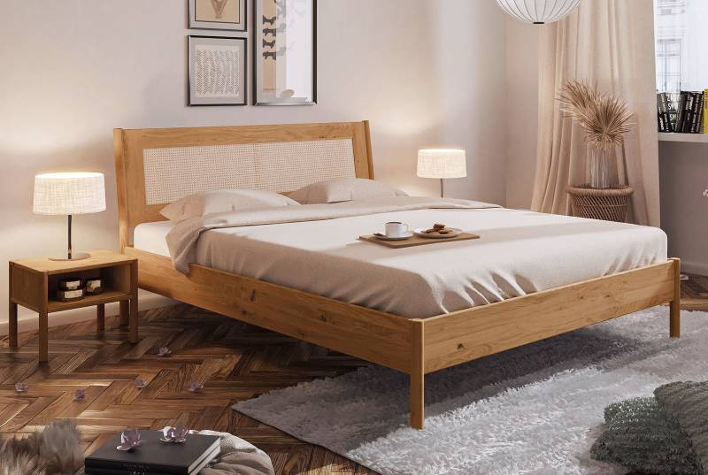 Bett PARIS Eiche massiv mit Rattan-Kopfteil 160x200 von Empinio24
