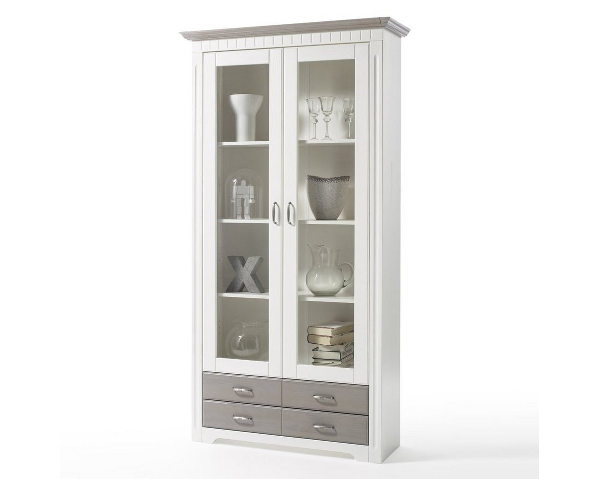 Empinio24 Vitrine Cordoba Breite 106 cm, im Landhausstil, Kiefer massiv, weiss grau von Empinio24