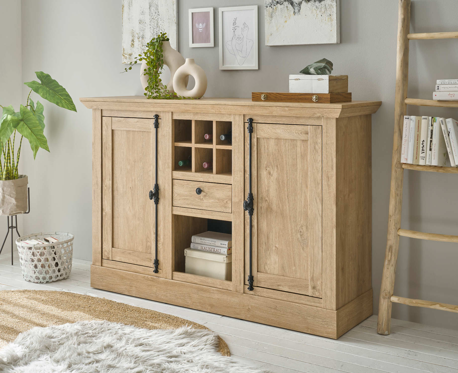 Highboard 2-türig 152 cm mit Flaschenregal Eiche gebürstet Optik Cardiff Highboard 2-türig 152 cm mit Flaschenregal Eiche gebürstet Optik Cardiff von Empinio24