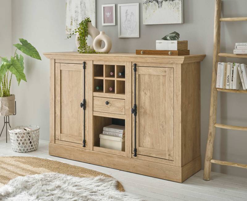 Highboard 2-türig 152 cm mit Flaschenregal Eiche gebürstet Optik Cardiff von Empinio24