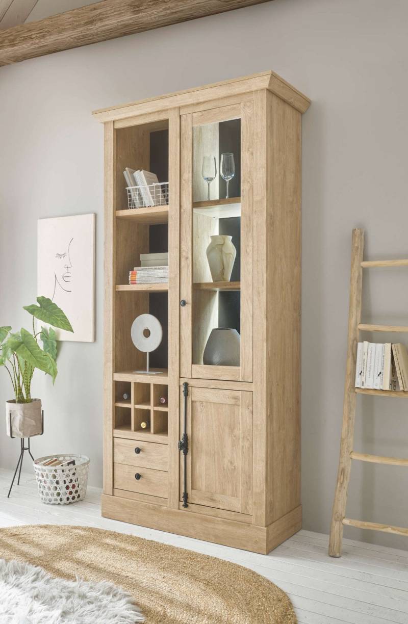 Vitrinenschrank mit Flaschenregal 105 cm Eiche gebürstet Optik Cardiff von Empinio24