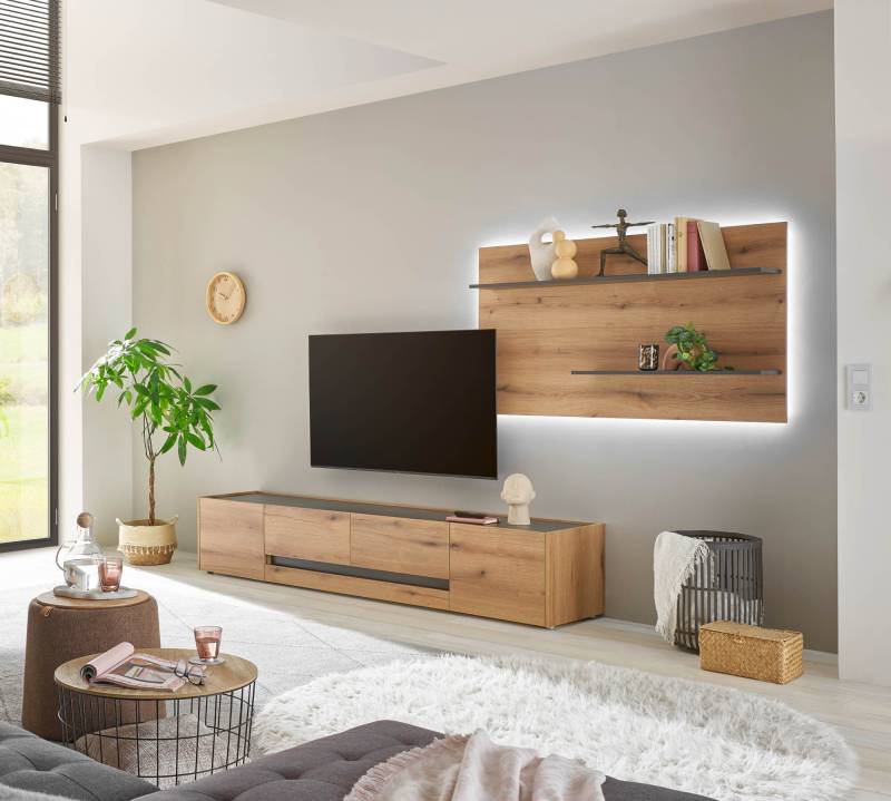 Wohnwand Eiche 300 cm 2-teilig Nr 15 mit Beleuchtung Boston von Empinio24