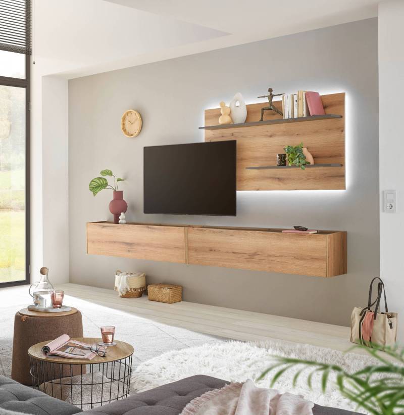 Wohnwand Eiche 300 cm 3-teilig Nr 11 mit Beleuchtung Boston von Empinio24