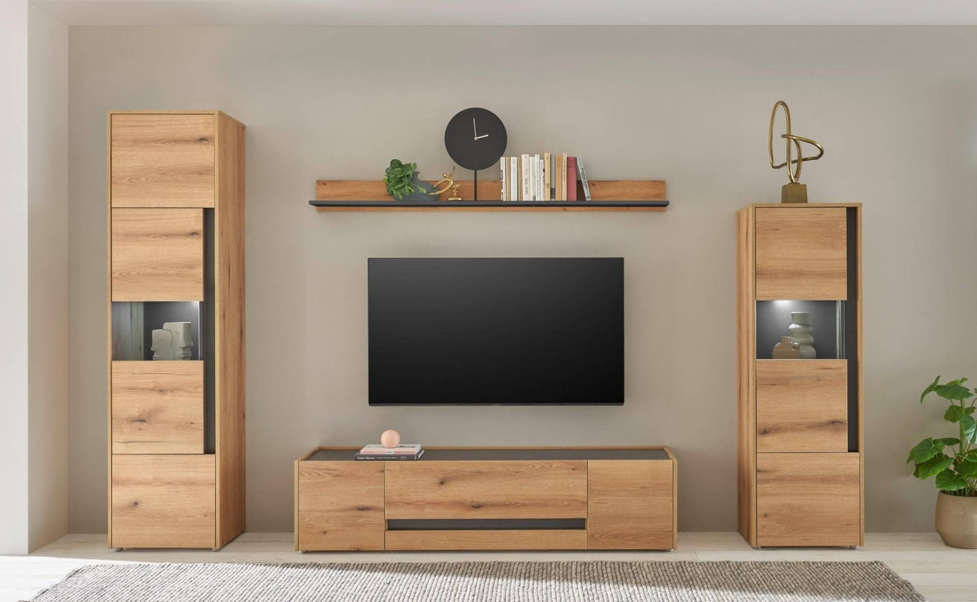 Wohnwand Eiche 310 cm 4-teilig Nr 19 mit Beleuchtung Boston von Empinio24