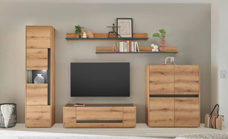 Wohnwand Eiche 330 cm 5-teilig Nr 20 mit Beleuchtung Boston von Empinio24