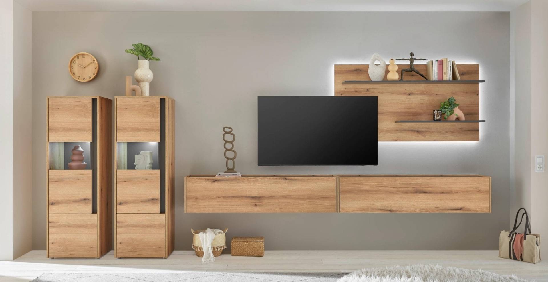 Wohnwand Eiche 440 cm 5-teilig Nr 22 mit Beleuchtung Boston von Empinio24