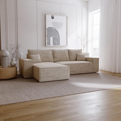 Emporius Bergamo L Ecksofa mit Bettkasten - Schlafsofa, Bettkasten, Samtstoff - Links, Eckcouch L-Form Beige (Amor Velvet 4303) von Emporius