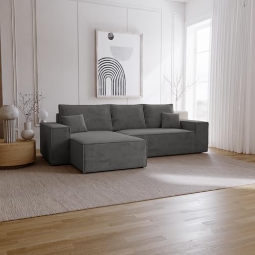 Emporius Bergamo L Ecksofa mit Bettkasten - Schlafsofa, Bettkasten, Samtstoff - Links, Eckcouch L-Form Dunkelgrau (Amor Velvet 4321) von Emporius