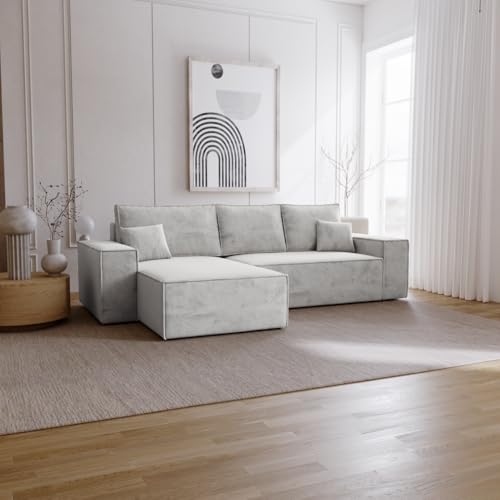Emporius Bergamo L Ecksofa mit Bettkasten - Schlafsofa, Bettkasten, Samtstoff - Links, Eckcouch L-Form Hellgrau (Amor Velvet 4318) von Emporius