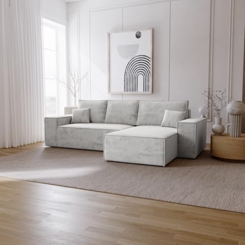 Emporius Bergamo L Ecksofa mit Bettkasten - Schlafsofa, Bettkasten, Samtstoff - Rechts, Eckcouch L-Form Hellgrau (Amor Velvet 4318) von Emporius