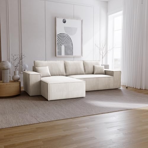 Emporius Bergamo L Ecksofa mit Bettkasten - Schlafsofa 275 cm, Bettkasten, Cordstoff Velvet - Links, Eckcouch L-Form Beige (Poso 105) von Emporius
