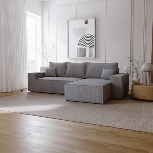 Emporius Bergamo L Ecksofa mit Bettkasten - Schlafsofa 275 cm, Bettkasten, Cordstoff Velvet - Rechts, Eckcouch L-Form Grau (Poso 115) von Emporius