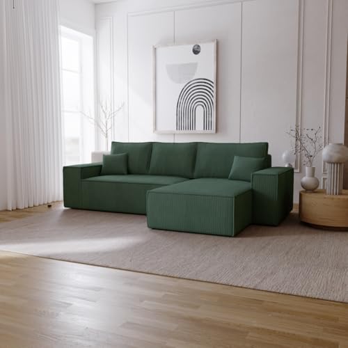 Emporius Bergamo L Ecksofa mit Bettkasten - Schlafsofa 275 cm, Bettkasten, Cordstoff Velvet - Rechts, Eckcouch L-Form Grün (Poso 14) von Emporius
