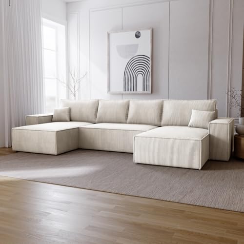 Emporius Bergamo U Ecksofa mit Bettkasten - Schlafsofa U-Form, Bettkasten, Cordstoff Velvet, Schlaffunktion - Eckcouch 377 cm Beige (Poso 105) von Emporius