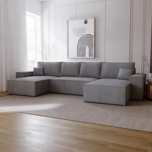Emporius Bergamo U Ecksofa mit Bettkasten - Schlafsofa U-Form, Bettkasten, Cordstoff Velvet, Schlaffunktion - Eckcouch 377 cm Grau (Poso 115) von Emporius