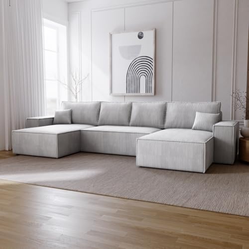 Emporius Bergamo U Ecksofa mit Bettkasten - Schlafsofa U-Form, Bettkasten, Cordstoff Velvet, Schlaffunktion - Eckcouch 377 cm Hellgrau (Poso 55) von Emporius
