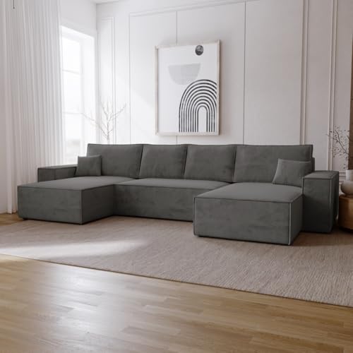 Emporius Bergamo U Ecksofa mit Bettkasten - Schlafsofa U-Form, Bettkasten, Samtstoff, Schlaffunktion - Eckcouch 377 cm Dunkelgrau (Amor Velvet 4321) von Emporius