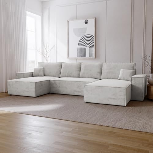 Emporius Bergamo U Ecksofa mit Bettkasten - Schlafsofa U-Form, Bettkasten, Samtstoff, Schlaffunktion - Eckcouch 377 cm Hellgrau (Amor Velvet 4318) von Emporius