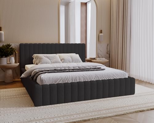 Emporius Billo Polsterbett 180x200cm - mit Lattenrost, Stauraum, Bettzeugkasten, Kopfteil - Bettgestell, Rahmen - Doppelbett - Schlafzimmer, Jugendzimmer - Boucle Schwarz von Emporius