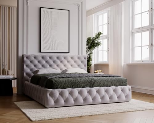 Emporius Glory Polsterbett 140x200 - Chesterfield Bet, Glamour Design - Polsterbett mit Bettkasten, Lattenrost, Samt, Velour Grau (Magic Velvet 2217) von Emporius