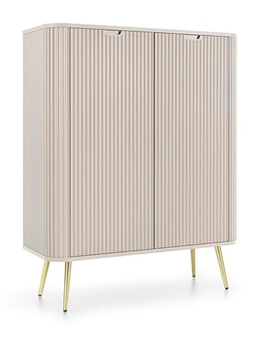 Emporius Loft Sideboard Gerly - Zweitürige Sideboard 100 cm mit Beinen - Gold Griffen, geriffelten Fronten, Hochkommode - Beige + Gold von Emporius